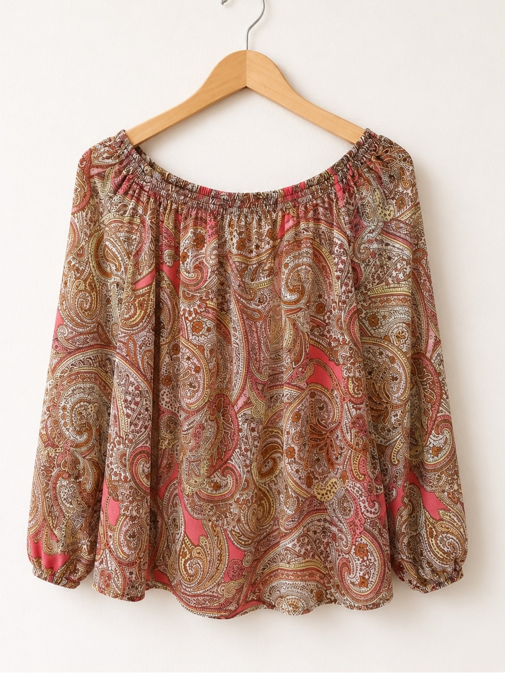 Tommy Hilfiger Boho Rust Orange Paisley Flowy Off-Shoulder Peasant Style Blouse